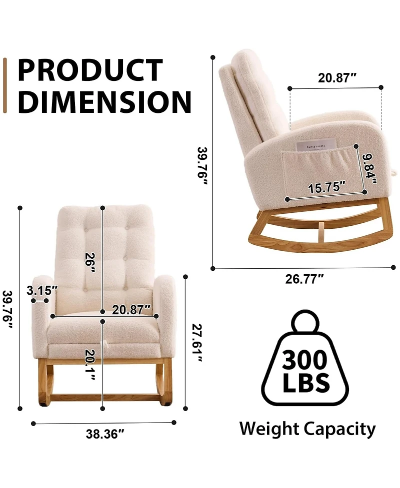 Rainsken Plush Accent Rocking Chair, Teddy Upholstered Recliner Chair with Side Pocket and Retractable Footstool for Living Room, Balcony