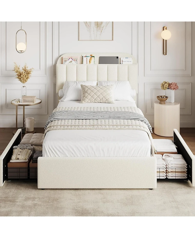 gaomon Twin Boucle Bed Frame with Storage Headboard and 2 Drawers, Upholstered Platform