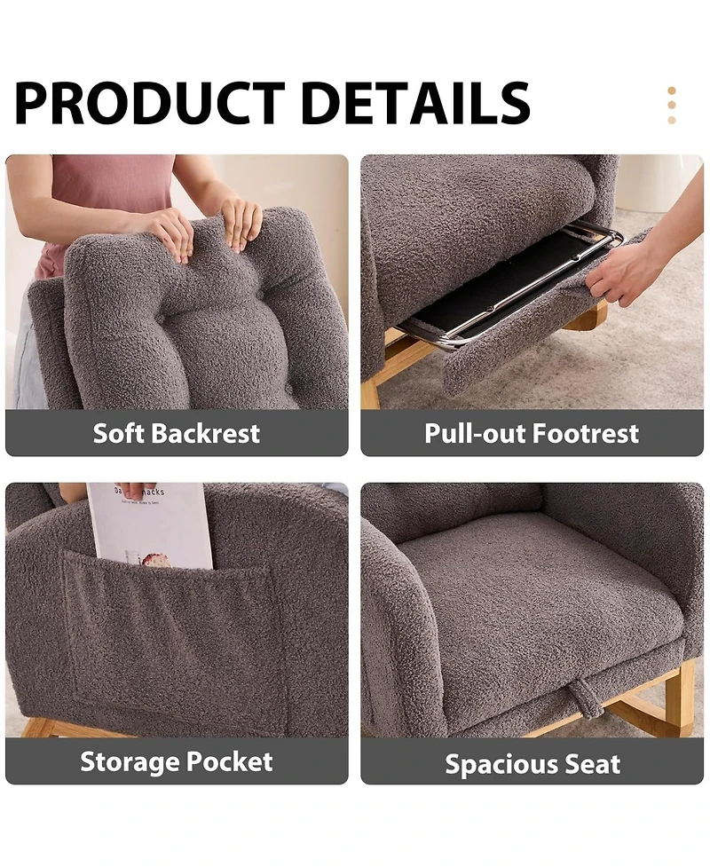 Rainsken Teddy Fleece Plush Rocking Accent Chair, Ergonomic Recliner with Side Storage Pocket and Retractable Footrest for Living Room, Balcony
