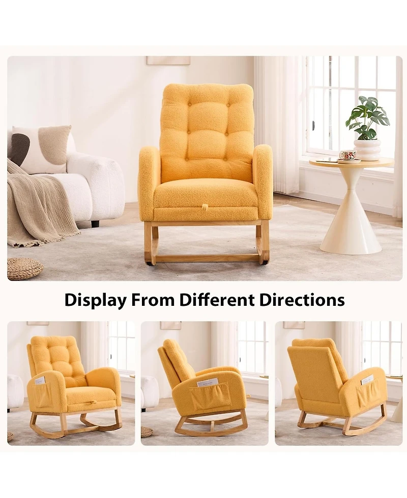 Rainsken Modern Plush Teddy Rocking Recliner Chair, Comfort Accent Chair with Hidden Side Pocket and Pull-out Footrest for Living Rooms, Balcony