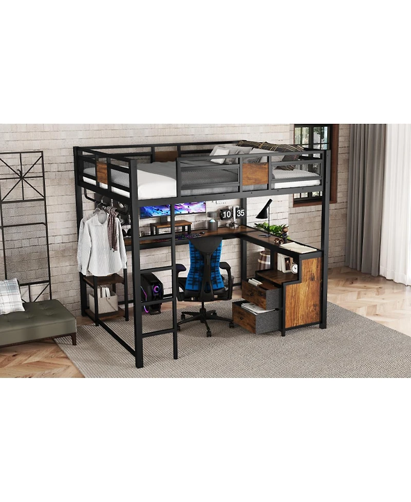 Streamdale Furniture Metal Queen Loft Bed with Desk and Storage Drawers