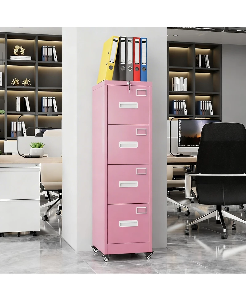 Yigii 4 Drawer Metal File Cabinet with Wheels, Lockable, Name Cards, Easy to Move