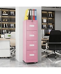 Yigii 4 Drawer Metal File Cabinet with Wheels, Lockable, Name Cards, Easy to Move