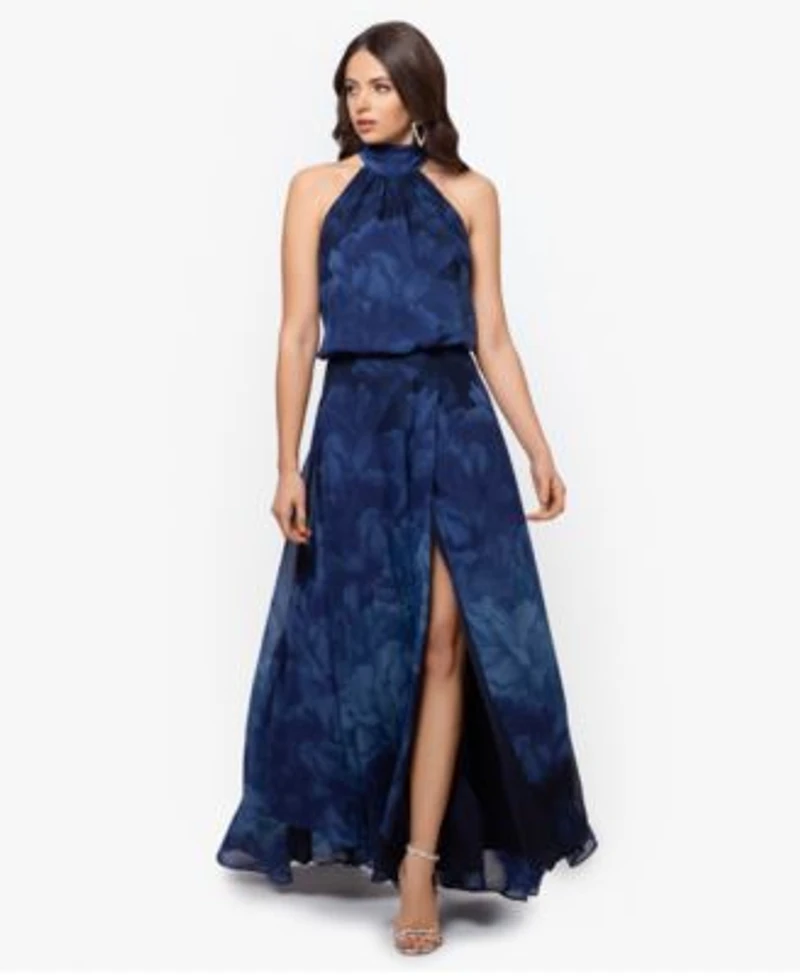 Betsy Adam Womens Long Chiffon Print Halter Neck Dress