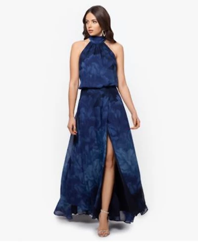 Betsy Adam Womens Long Chiffon Print Halter Neck Dress