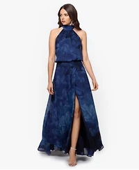 Betsy Adam Womens Long Chiffon Print Halter Neck Dress
