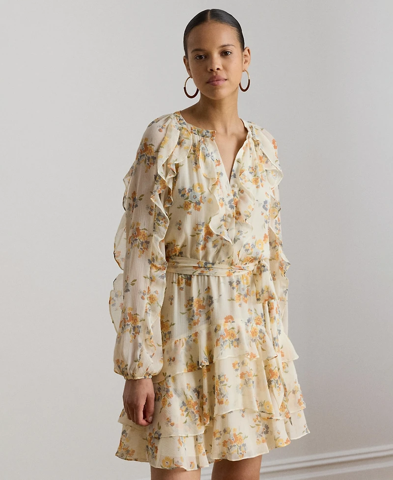 Lauren Ralph Women's Band Collar Floral Ruffle-Trim Tiered Dress