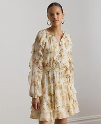 Lauren Ralph Women's Band Collar Floral Ruffle-Trim Tiered Dress
