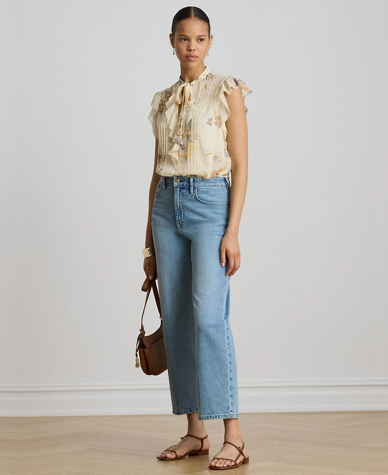 Lauren Ralph Women's Floral Pintucked Band Collar Tie-Neck Blouse