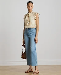 Lauren Ralph Women's Floral Pintucked Band Collar Tie-Neck Blouse
