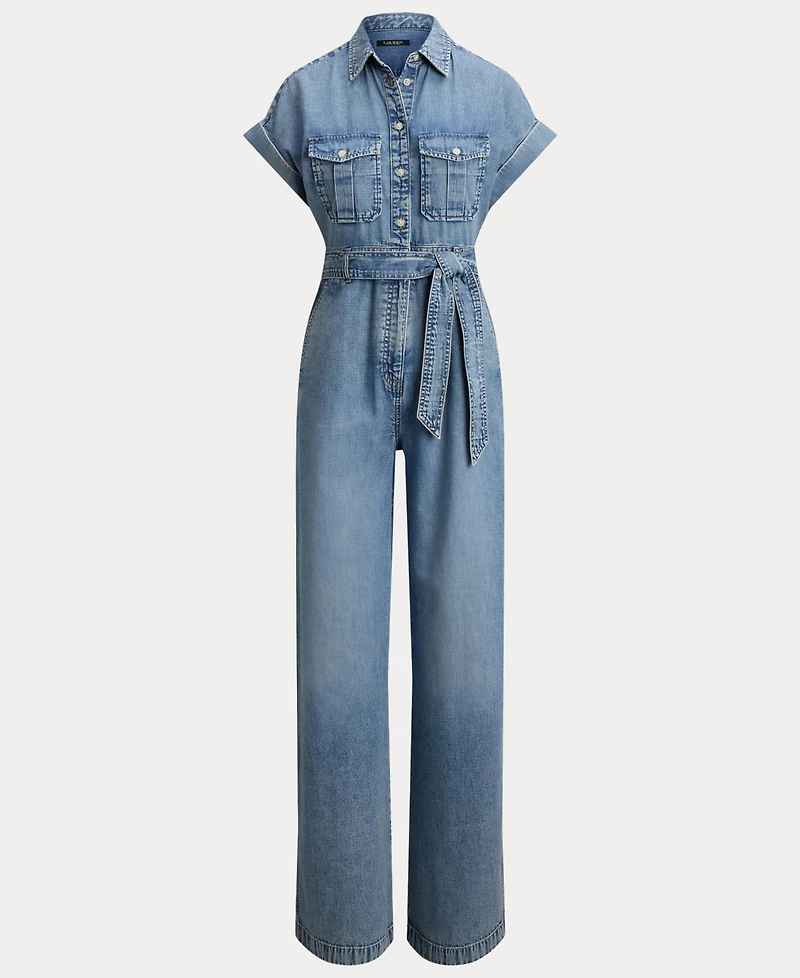Lauren Ralph Women's Spread Collar Belted Denim Wide-Leg Jumpsuit