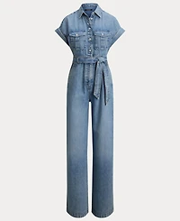 Lauren Ralph Women's Spread Collar Belted Denim Wide-Leg Jumpsuit