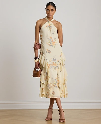 Lauren Ralph Floral Ruffle-Trim Halter Cocktail Dress