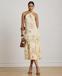 Lauren Ralph Floral Ruffle-Trim Halter Cocktail Dress