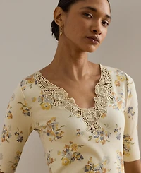 Lauren Ralph Women's V-Neck Floral Lace-Trim Rib-Knit Top