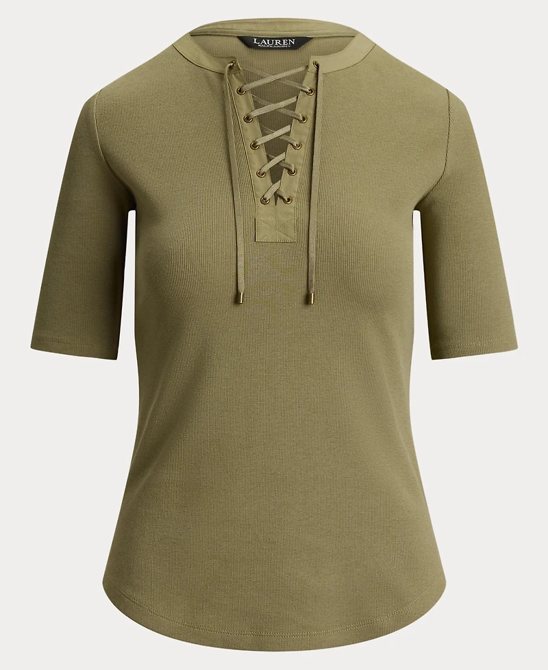 Lauren Ralph Women's Crewneck Lace-Up Ribbed Elbow-Sleeve T-Shirt