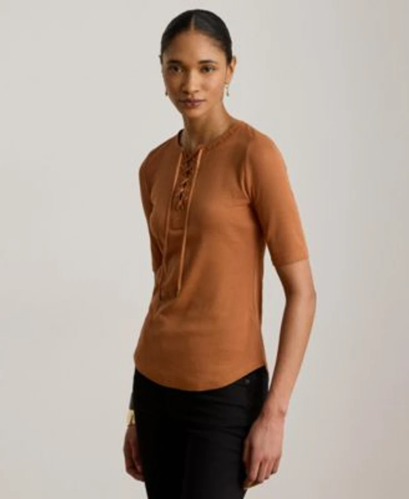 Lauren Ralph Lauren Womens Crewneck Lace Up Ribbed Elbow Sleeve T Shirt