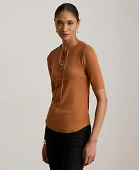 Lauren Ralph Lauren Womens Crewneck Lace Up Ribbed Elbow Sleeve T Shirt