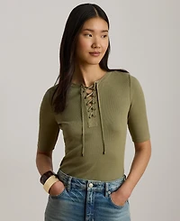 Lauren Ralph Women's Crewneck Lace-Up Ribbed Elbow-Sleeve T-Shirt