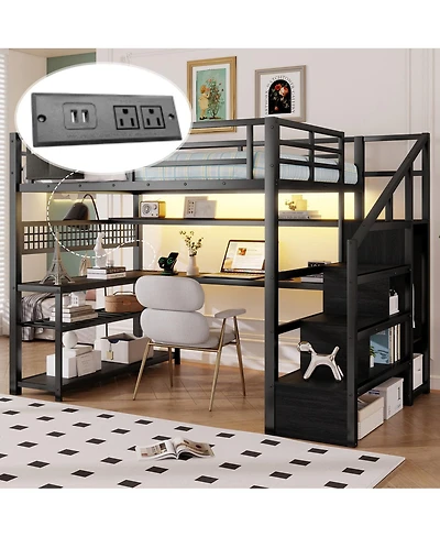 Streamdale Furniture Metal Loft Bed With Stairs, Desk, Storage, Lights