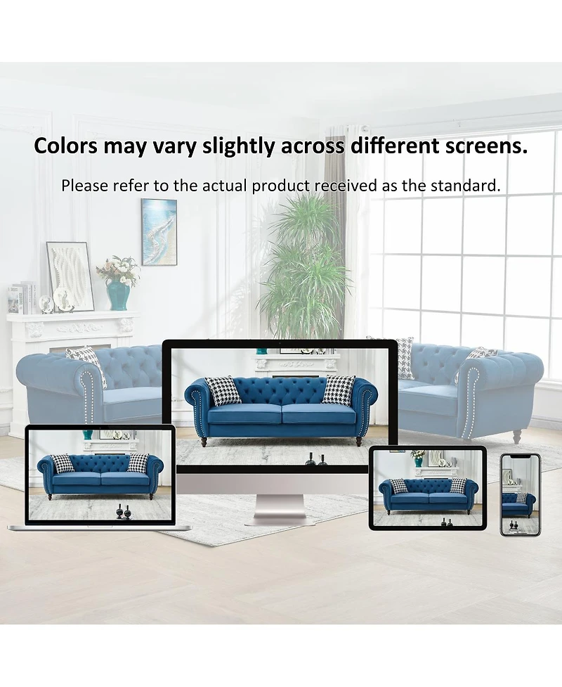 Streamdale Furniture 3 And 3 Velvet Chesterfield Sofa with Roll Armrest and Nailhead