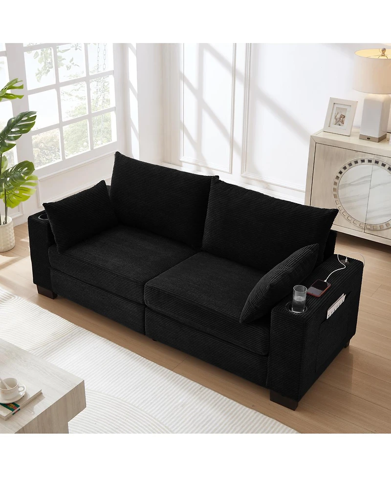 Streamdale Furniture 78 inch Corduroy Sofa with Usb, Cup Holders, Side Pocket
