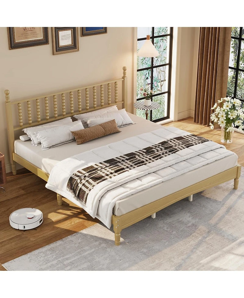 Streamdale Furniture Wood Platform Bed with Gourd Headboard, Retro Style
