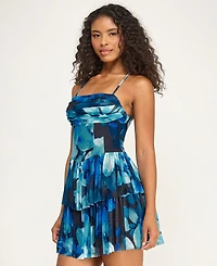City Studios Juniors' Printed Mesh Straight Neck Tiered Mini Dress