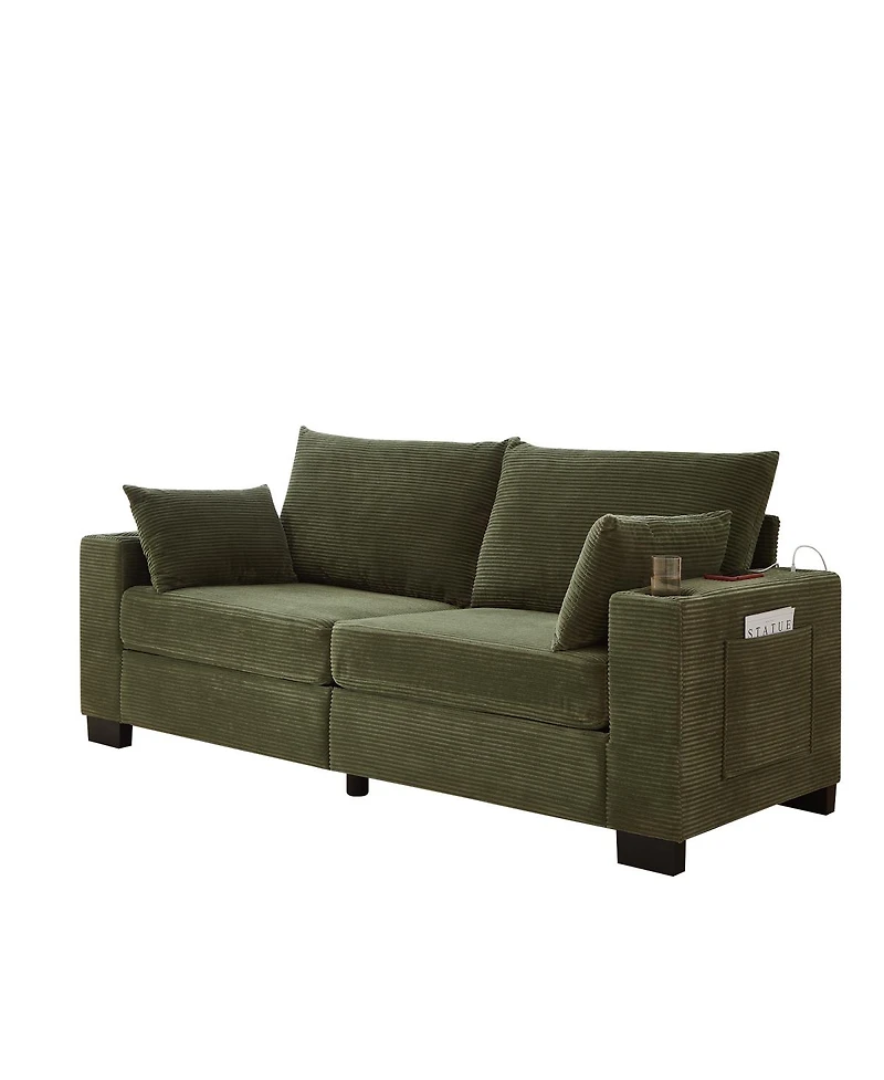 Streamdale Furniture 78" Corduroy Sofa with Usb, Cup Holders, Side Pocket