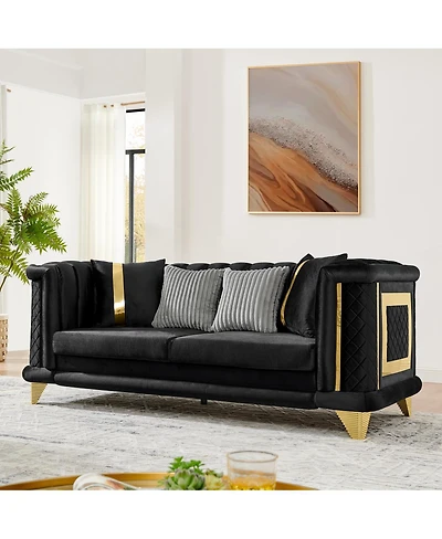 Streamdale Furniture 89" Velvet 3-Seater Luxury Sofa with Gold Trim and Pillows