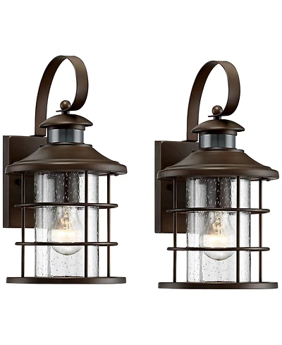John Timberland Hogan High Traditional Outdoor Wall Light Fixture Mount Porch House Set of 2 Motion Sensor Bronze Finish