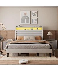 gaomon Led Bed Frame with Charging Station, Wooden Platform Upholstered Headboard and Slat Support, No Noise, Box