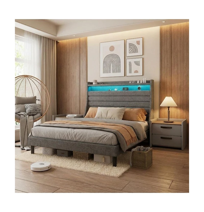 gaomon Led Bed Frame with Charging Station, Wooden Platform Upholstered Headboard and Slat Support, No Noise