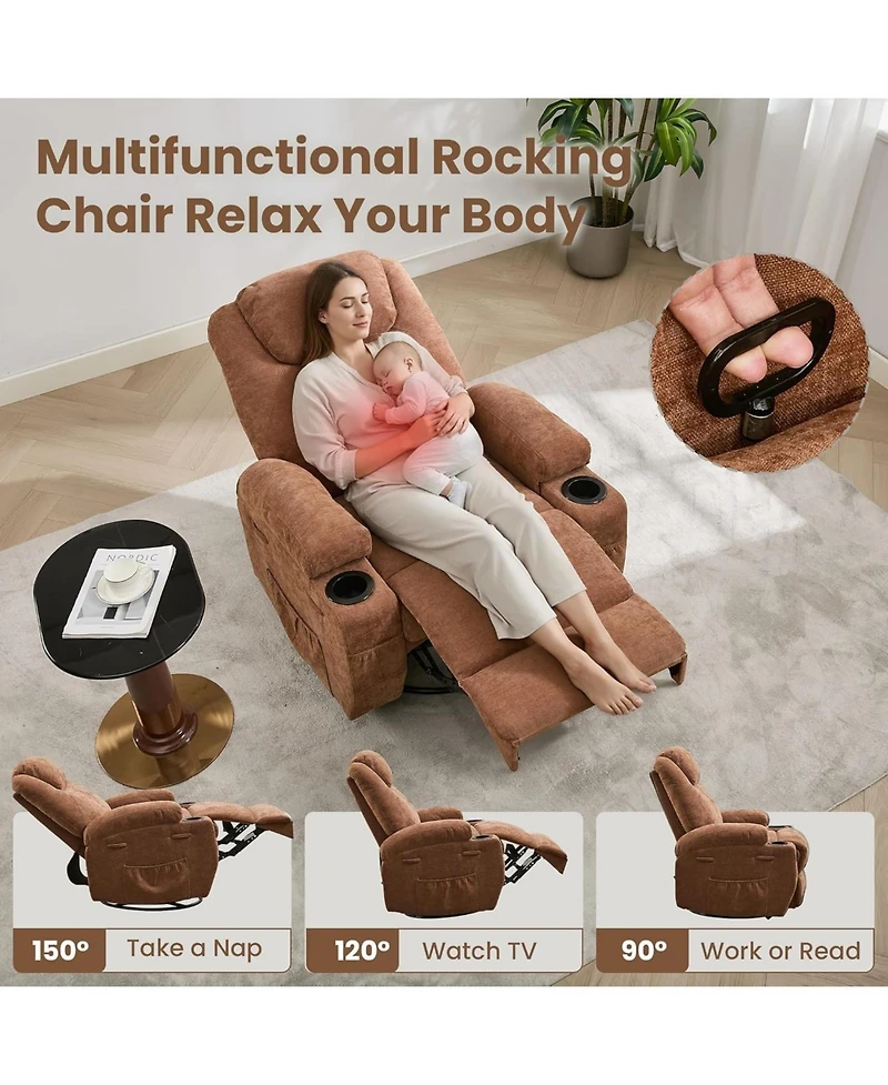 gaomon 360° Swivel Rocker Recliner Chair with Massage & Heat, Comfortable Glider Reclining Chair for Adults, Fabric Lounge Chair for Living Room