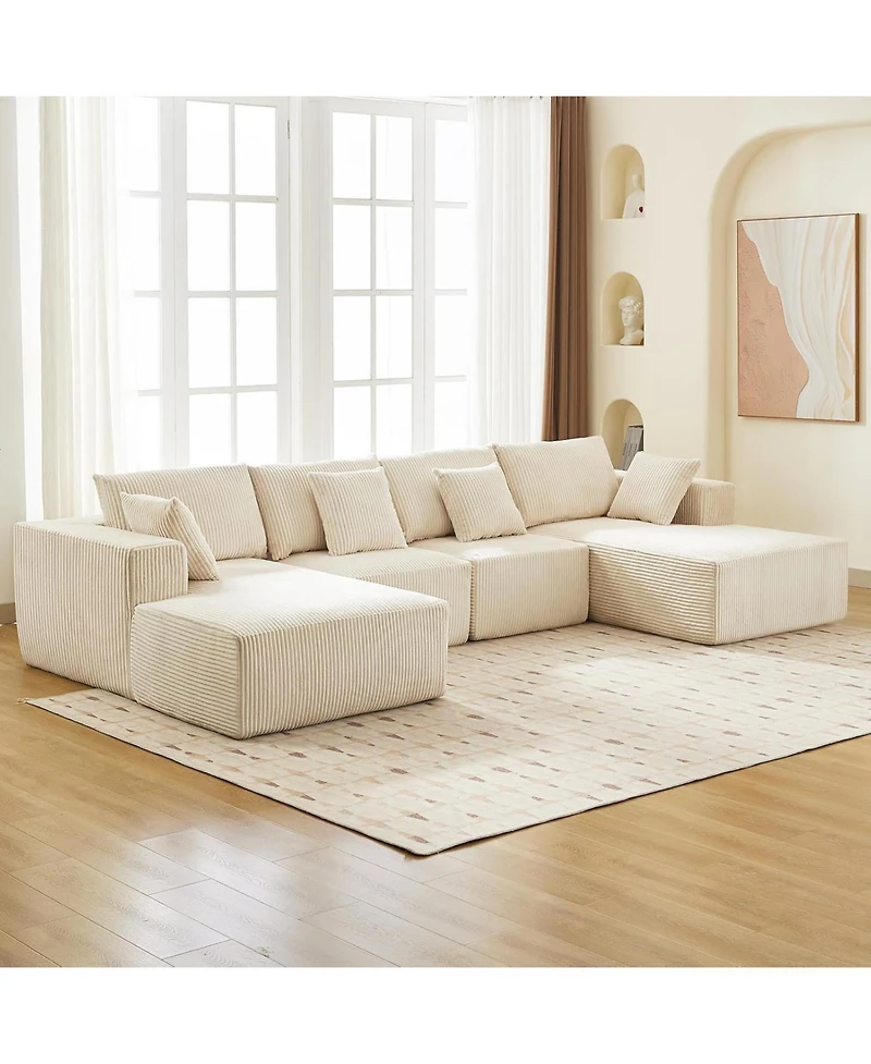 gaomon 137" Modular Sectional Sofa, Cloud Foam Sectional Couch with U-Shape Chaise/Throw Pillows/Plush Corduroy Fabric