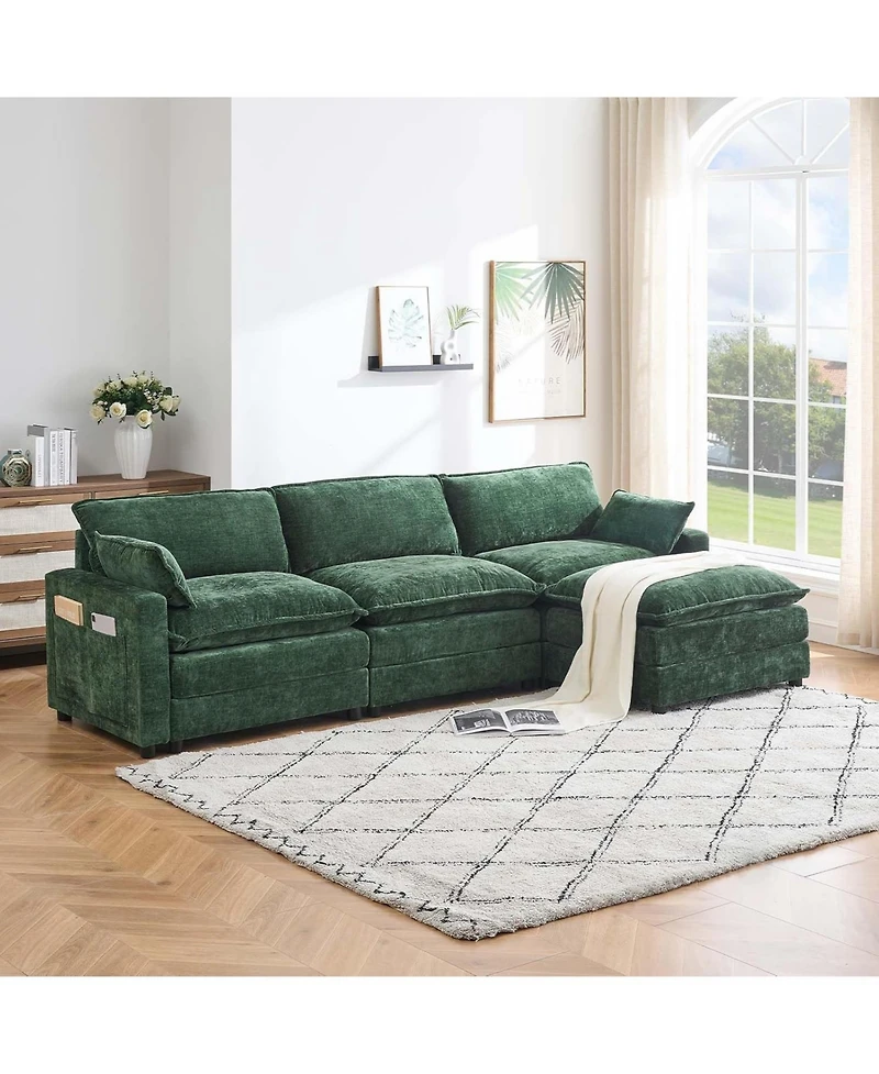 gaomon Chenille Modular Combo Sofa, Modern 3-Seater L-Shaped Sofa with Ottoman, 2 Cushions, Side Pockets