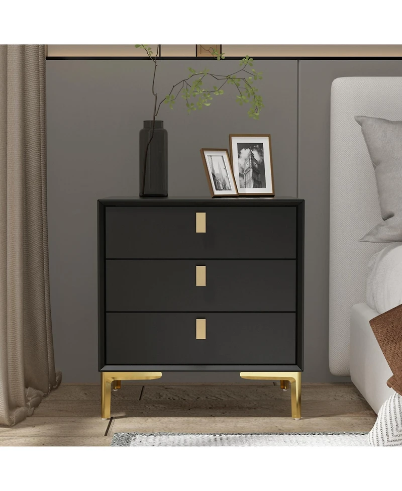 Homsee Nightstand with three drawers, wooden side table, end table with gold legs, bedside table for bedroom, living room, office