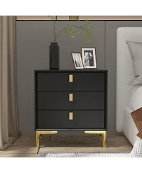 Homsee Nightstand with three drawers, wooden side table, end table with gold legs, bedside table for bedroom, living room, office