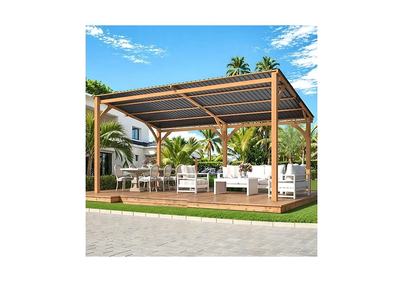 Aecojoy 16' x 10' Outdoor Wooden Gazebo, Patio Lean to Hardtop Pergolas and Gazebos
