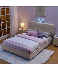 Streamdale Furniture Kids Upholstered Bed w/ Rabbit Headboard, Led and Drawers