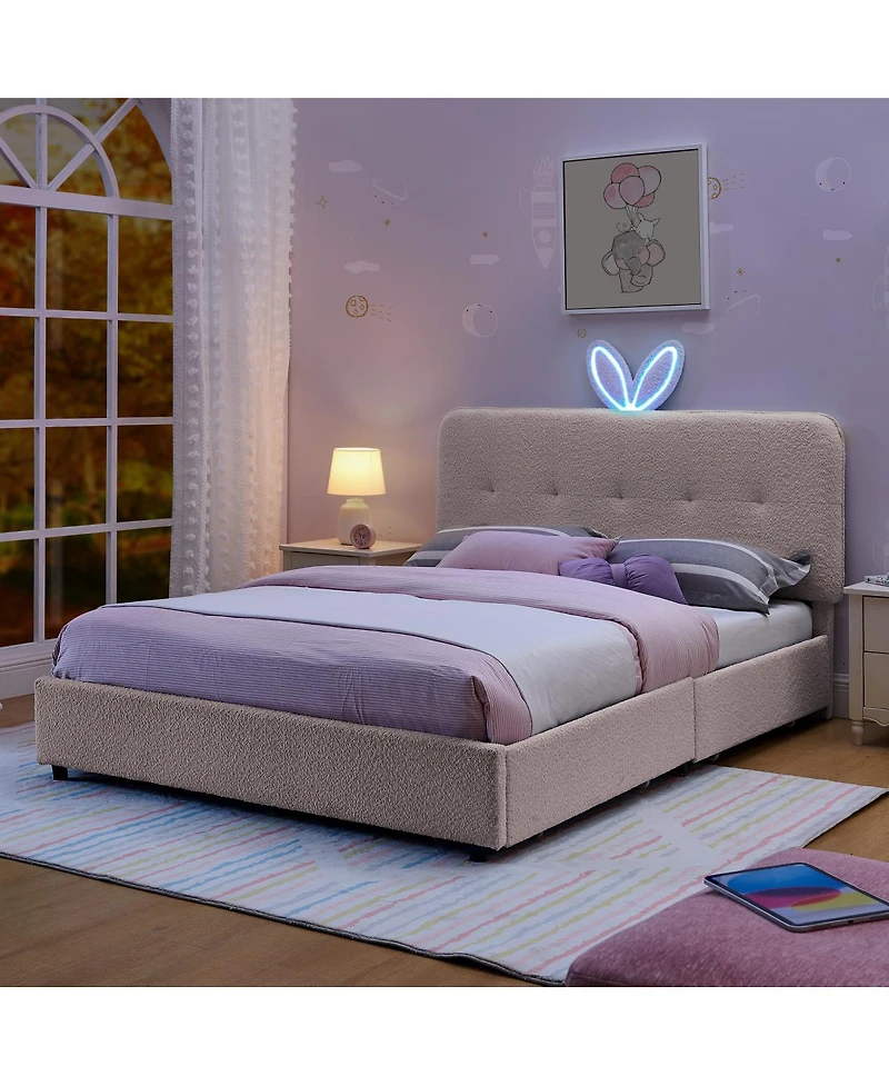 Streamdale Furniture Kids Upholstered Bed w/ Rabbit Headboard, Led and Drawers