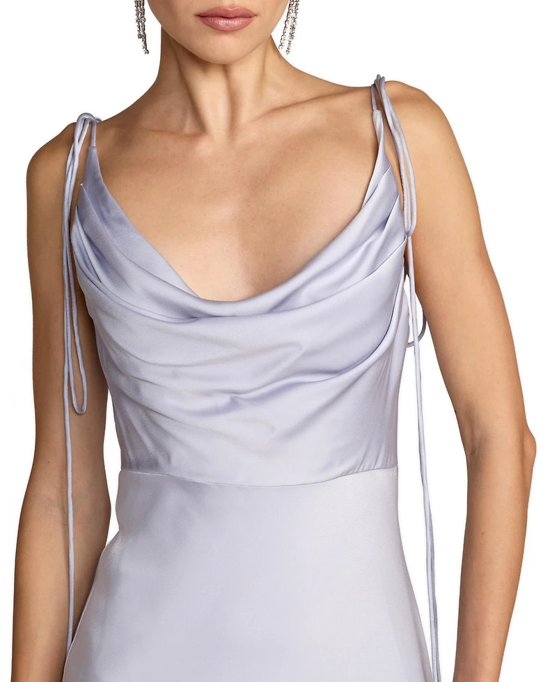 Mac Duggal Women's Charmeuse Cowl Neck Tie Strap Maxi Gown