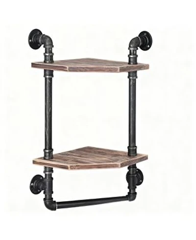 Yigii Industrial Pipe Shelf Rustic Corner Metal Wood Bathroom Wall Mounted Towel Bar