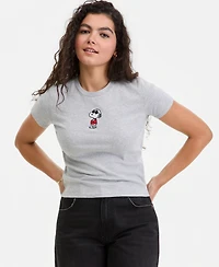 Snoopy Juniors' Embroidered Crewneck Baby Tee