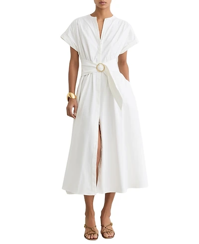 Reiss Women's Sally Cotton Short-Sleeve Belted Midi Dress with Stretch