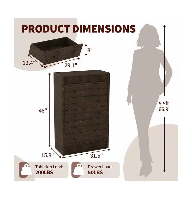 gaomon Drawer Dresser for Bedroom, Wide Fluted Chest of Drawers, Modern Wooden Storage Cabinet