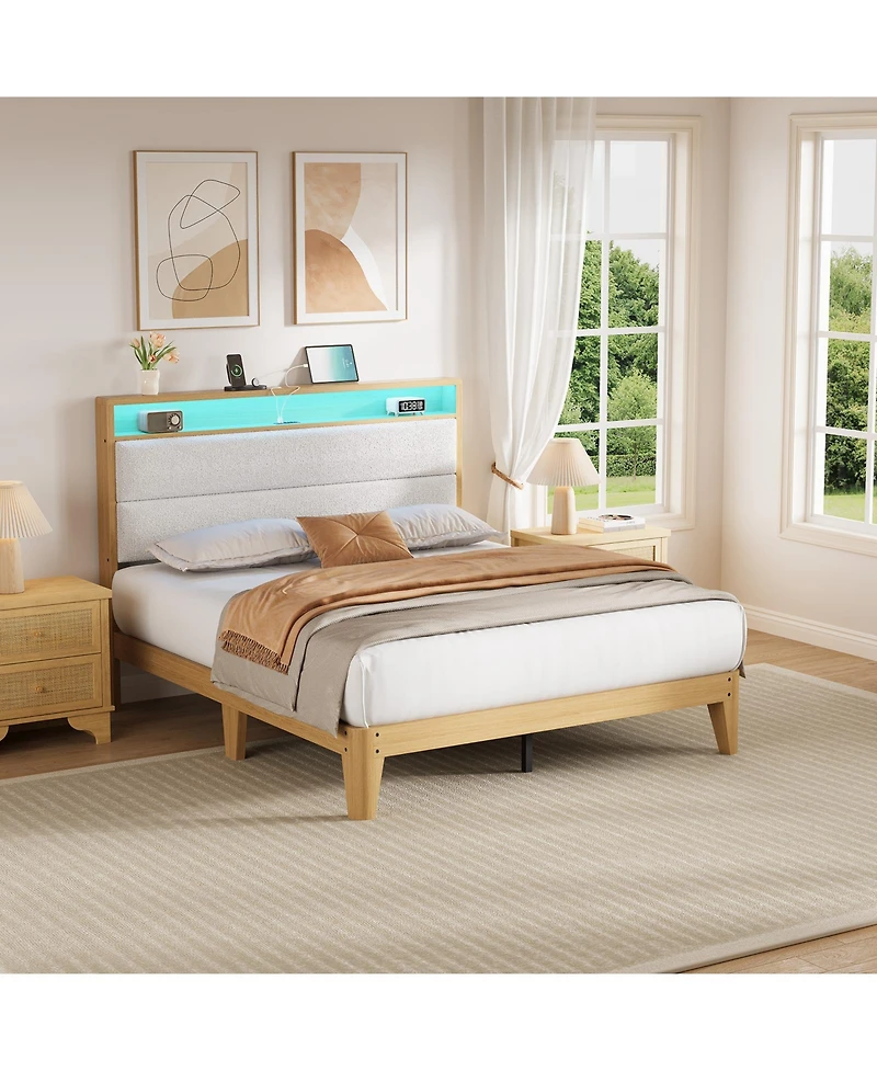 homfan Bed Frame with Led Headboard Shelf, Linen Upholstered Platform Full Strong Wood Slats Support, Easy Assembly