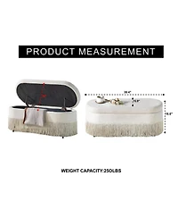 Rainsken Oval Storage Ottoman, Upholstered Footrest with Fringe Trim, Hidden Storage and Metal Frame for Living Room