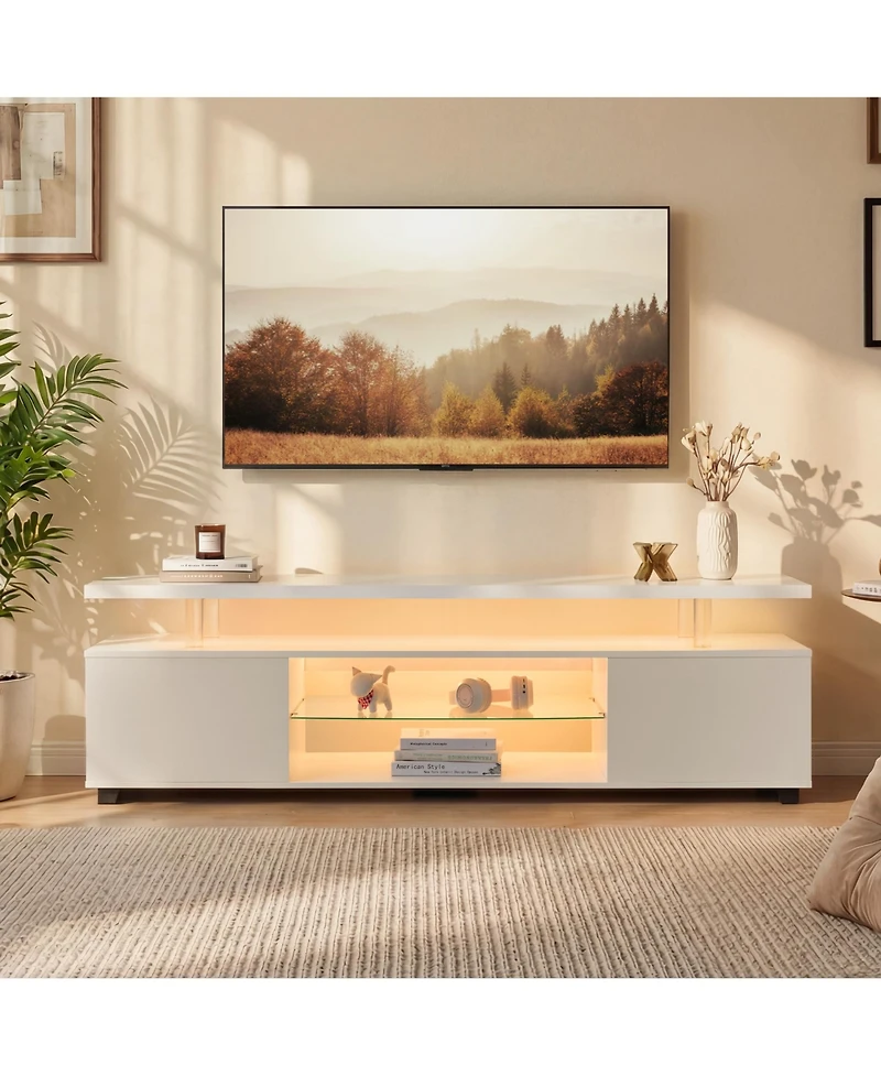 Rainsken Led Tv Stand for 60 Inch Tv, Media Console Table with Large Side Cabinet and Open Shelf, Entertainment Center for Living Room