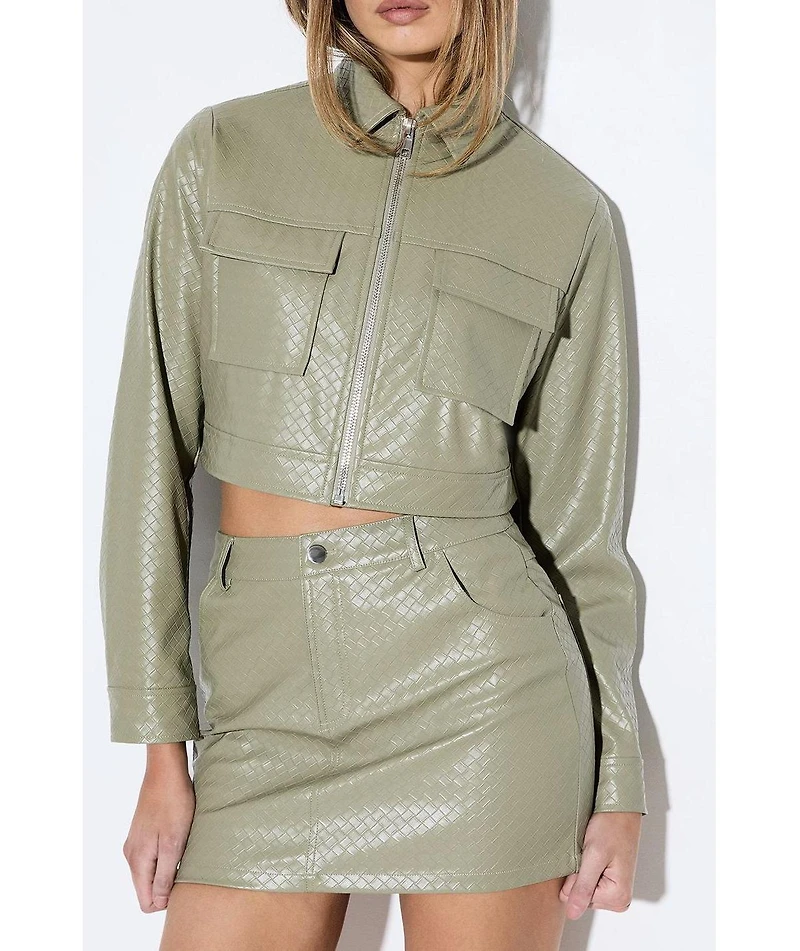 MissPap Women's Woven Detail Faux Leather Jacket